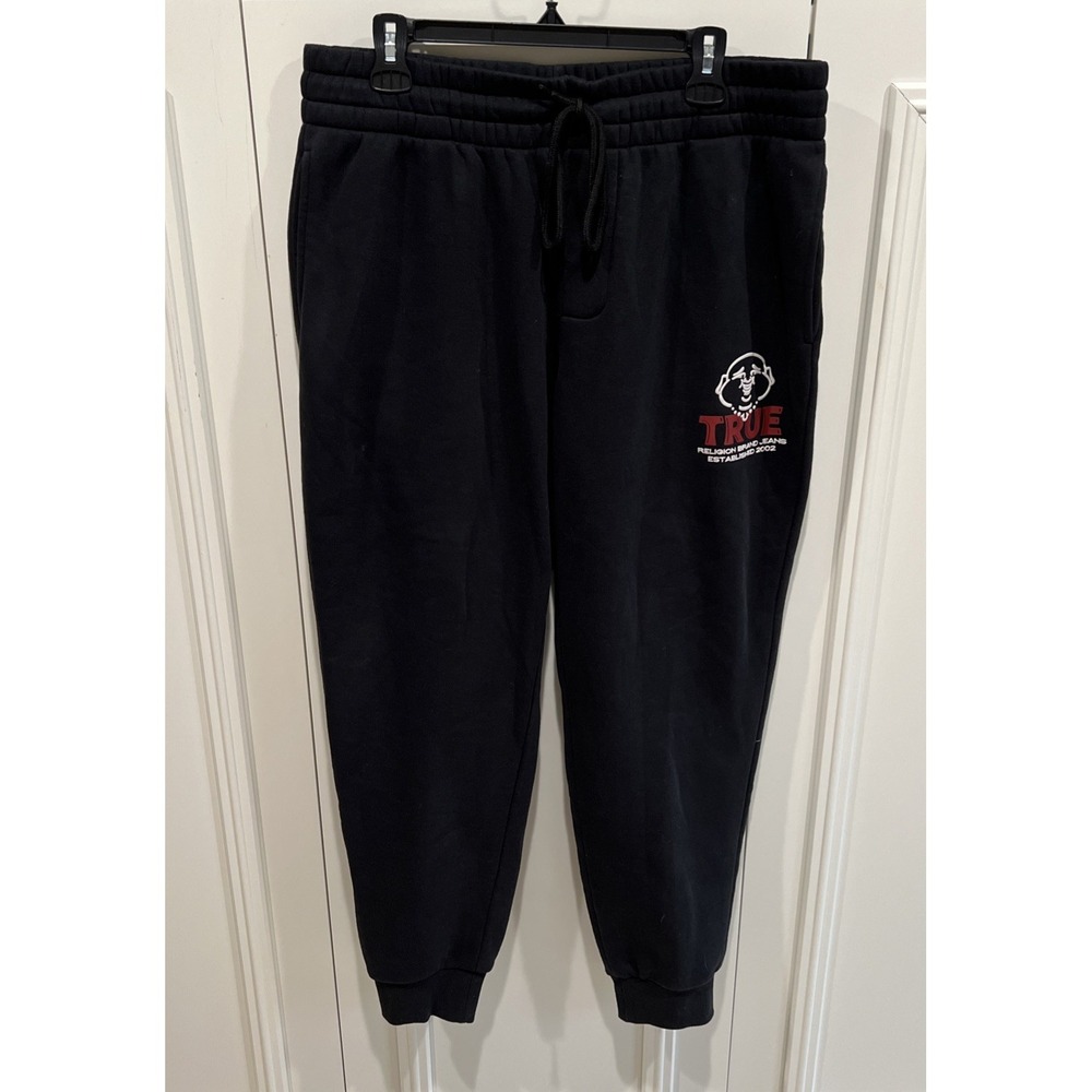 True Religion Antique Buddha Fleece Jogger Pants Black Athleisure‎